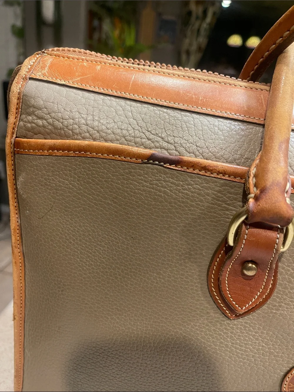Dooney & Bourke Tan Canvas Briefcase with Chestnut Leather Trim